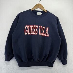 Vintage Guess Sweatshirt Boys Medium Blue Embroidered Spellout Crewneck 90s